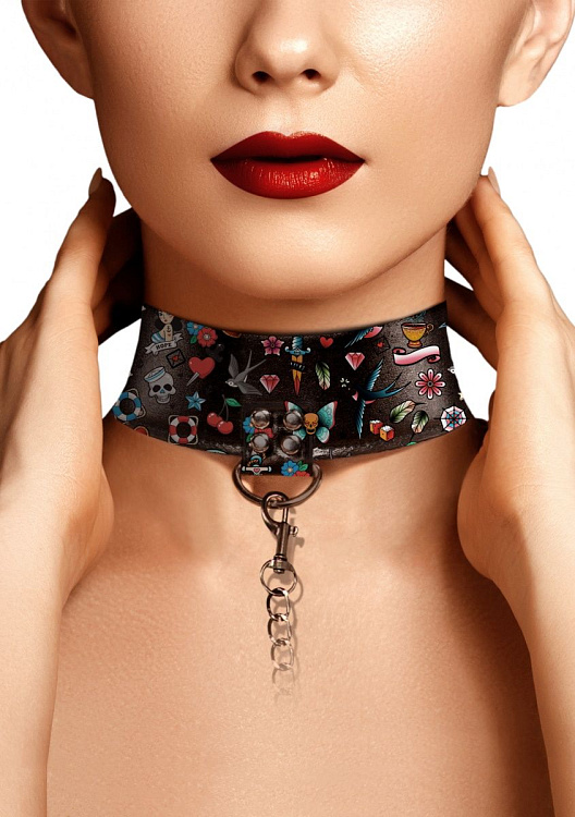 Ошейник Printed Collar With Leash Old School Tattoo Style