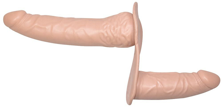 Телесный страпон с вагинальной пробкой Double Dong Strap-On - 19 см.