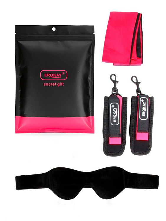 Черно-розовый эротический набор: маска, наручники и повязка