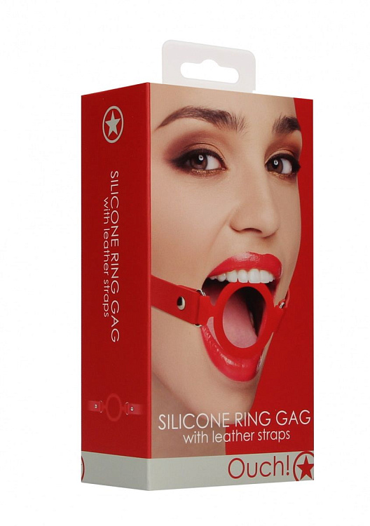 Красный кляп-кольцо с кожаными ремешками  Silicone Ring Gag with Leather Straps