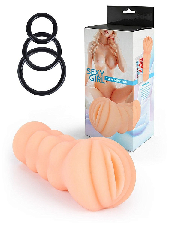 Телесный мастурбатор-вагина с эрекционными кольцами в комплекте