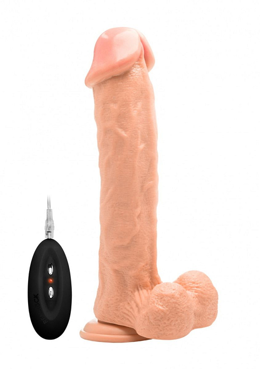 Телесный вибратор-реалистик Vibrating Realistic Cock 11  With Scrotum - 29,5 см.