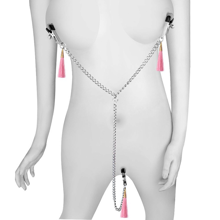 Зажимы на соски и половые губы с розовыми кисточками Nipple Clit Tassel Clamp With Chain