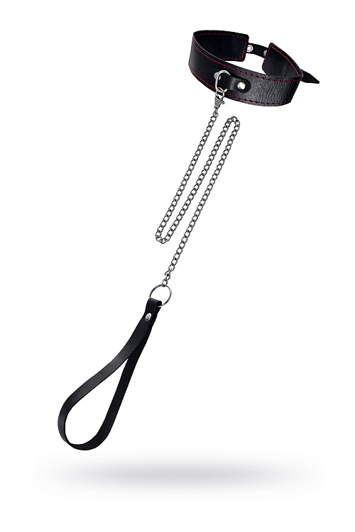 Кожаный двухслойный ошейник с красной строчкой и поводком