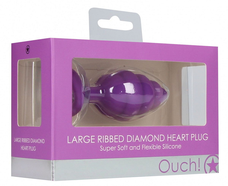 Фиолетовая анальная пробка Large Ribbed Diamond Heart Plug - 8 см.