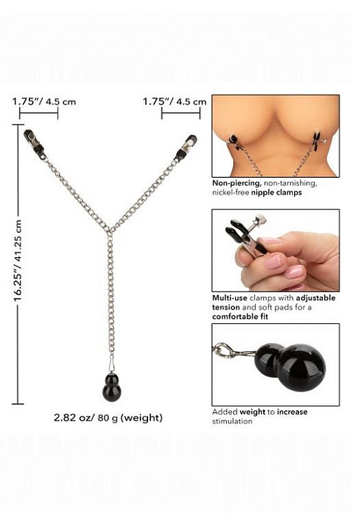 Зажимы для сосков с серебристой цепочкой и утяжелителем Weighted Dual Tier Nipple Clamps