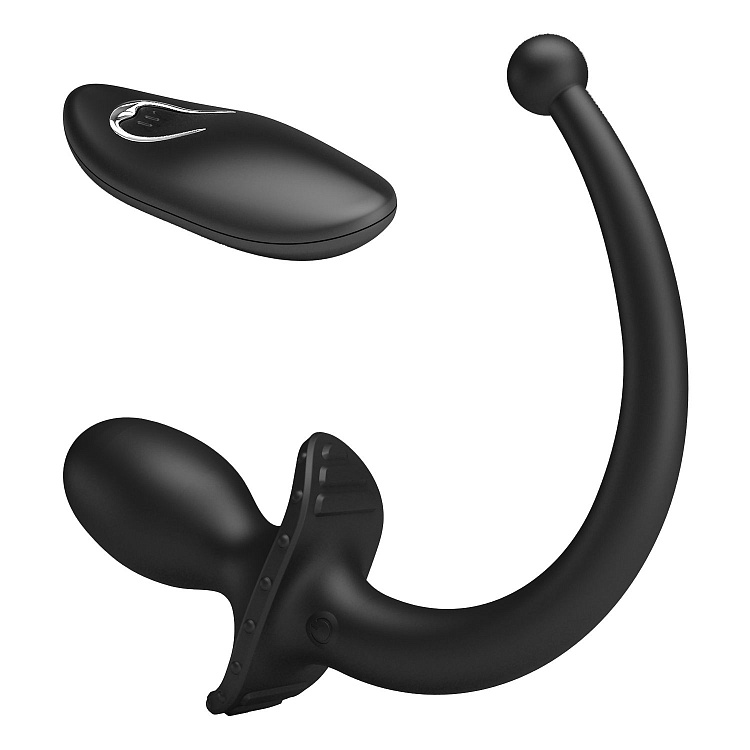 Черная анальная вибропробка с  хвостом и пультом ДУ