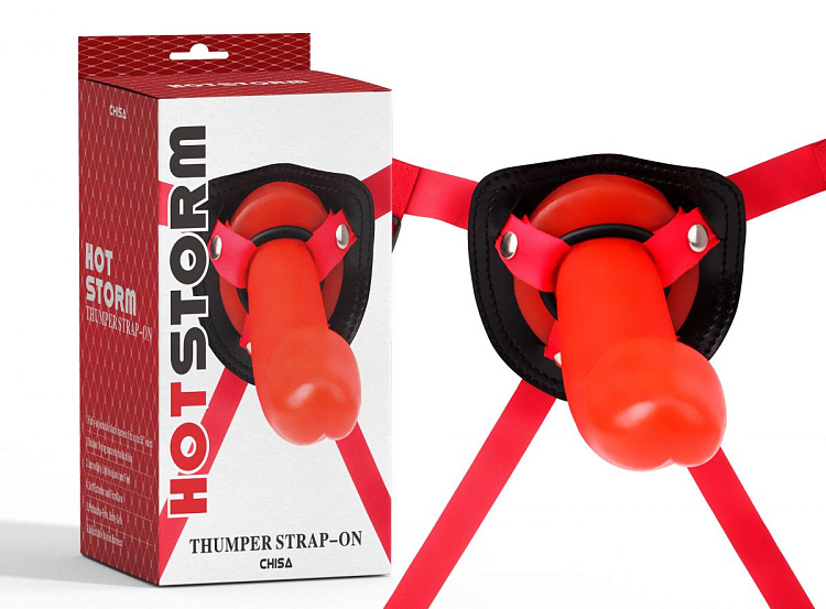 Красный страпон Thumper Strap-on на ремешках - 18 см.