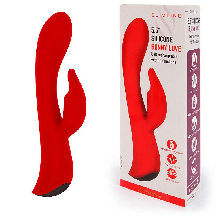 Красный вибромассажер-кролик 5  Silicone Bunny Love - 19,1 см.