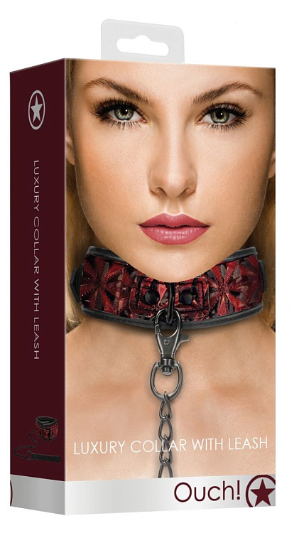 Красно-черный широкий ошейник с поводком Luxury Collar with Leash