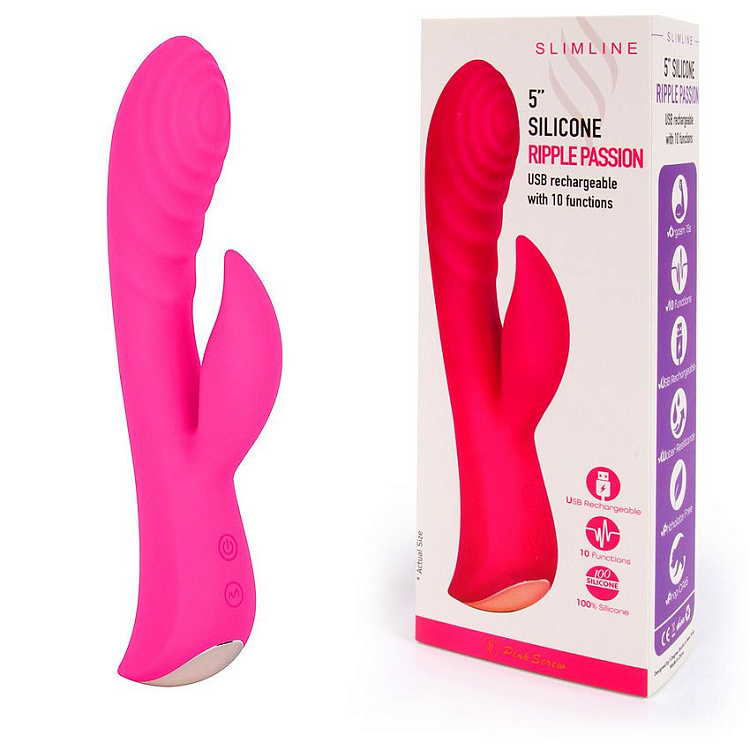 Ярко-розовый вибромассажер-кролик 5  Silicone Ripple Passion - 19,1 см.