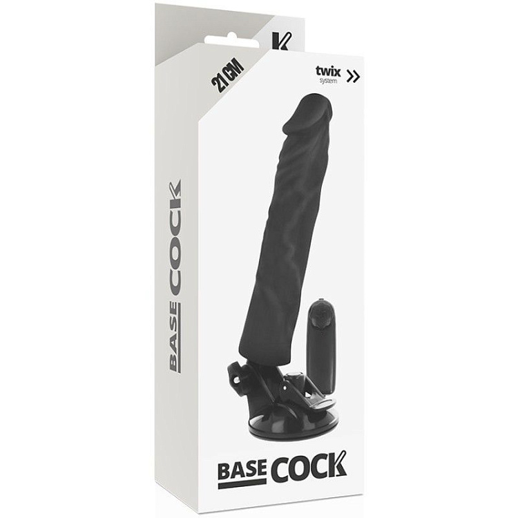 Черный вибратор на мощной присоске Basecock Realistic Vibrator - 21 см.