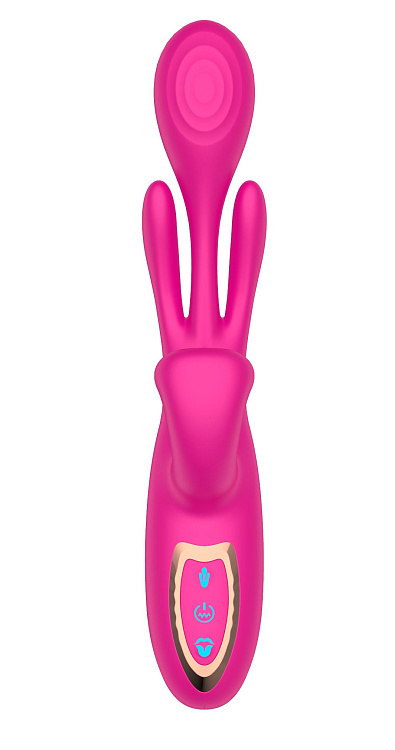 Розовый вибратор со стимуляцией клитора и фингерингом - 23,5 см.