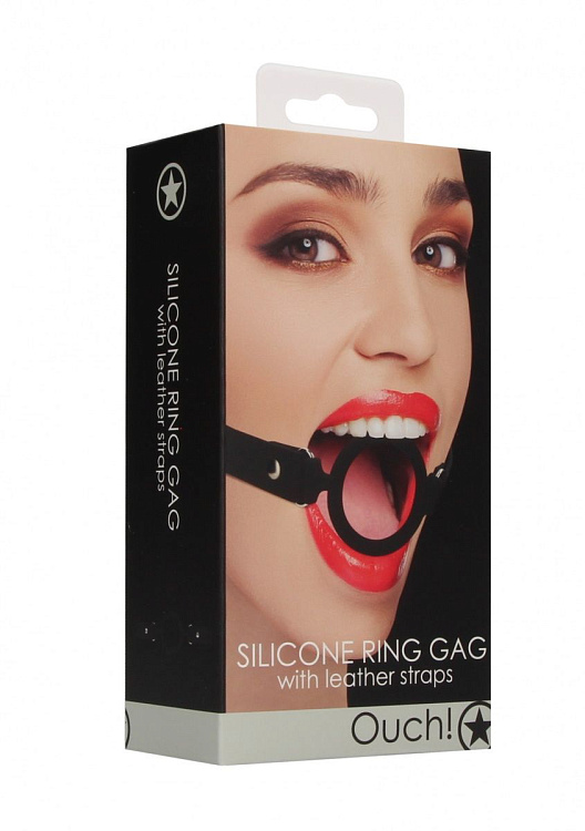 Черный кляп-кольцо с кожаными ремешками  Silicone Ring Gag with Leather Straps