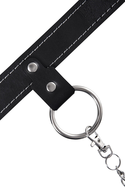 Черный узкий однослойный ошейник с серебристым поводком-цепочкой