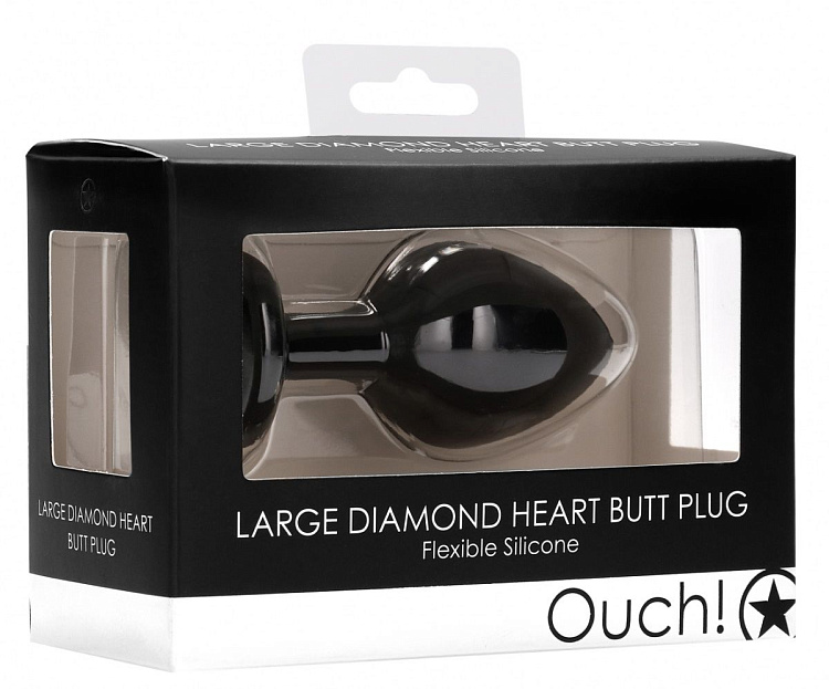 Черная анальная пробка с прозрачным стразом Large Ribbed Diamond Heart Plug - 8 см.