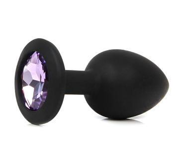 Черная анальная пробка с сиреневым кристаллом - 7,3 см.