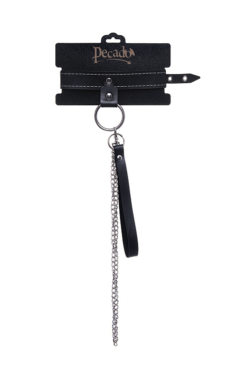 Черный узкий однослойный ошейник с серебристым поводком-цепочкой